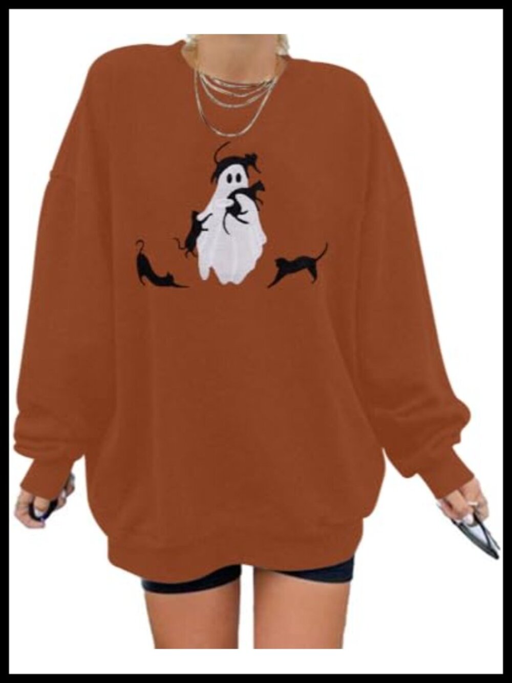 Halloween Ghost Cat Embroidered Sweatshirt Women Loose Fit Pullover